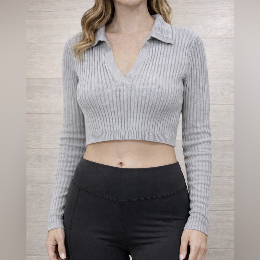 Four Three Seven 437 Grey Ribbed V-neck Cropped Long Sleeve Knit Top